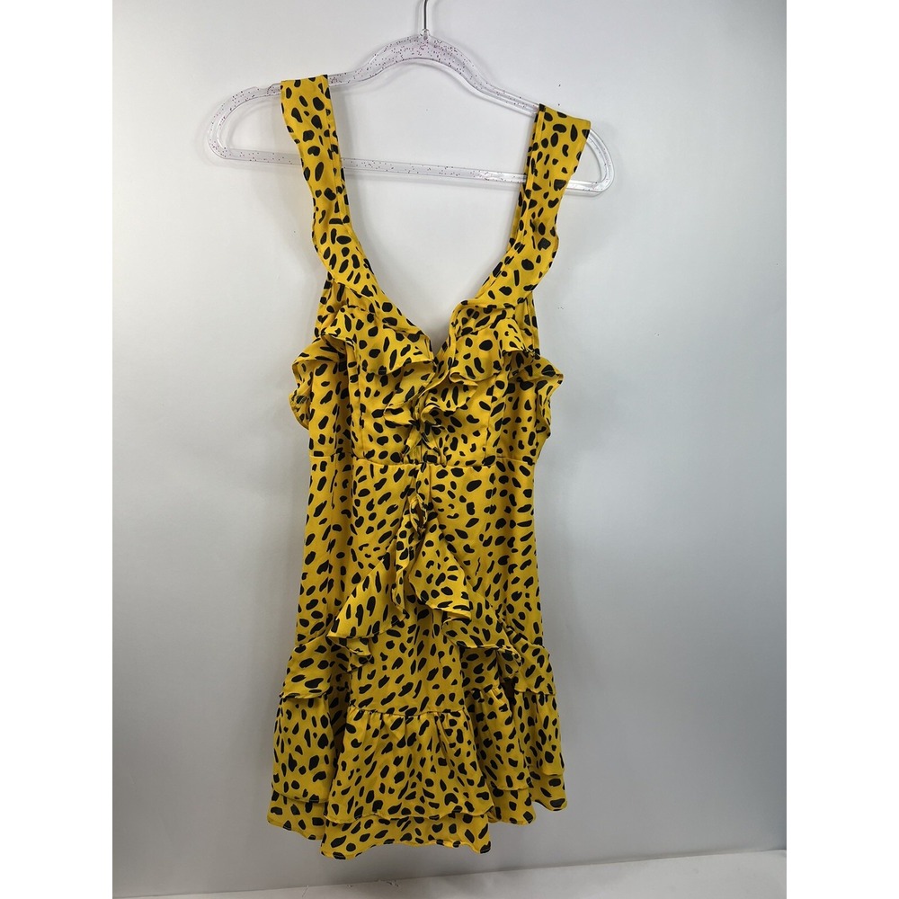 Forever 21 Blouse Women's Sz M Yellow Animal Print Deep V-Neck Straps Keyholes